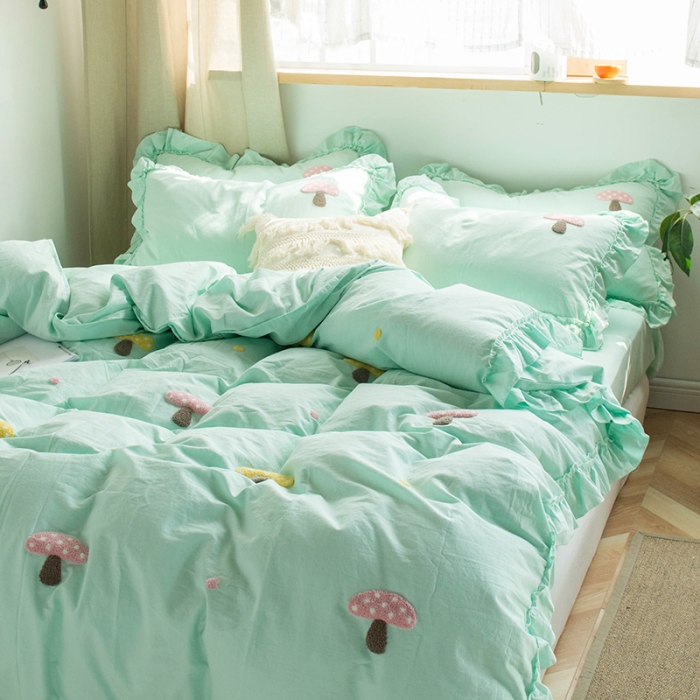 91家纺网 家纺一手货源 找家纺 淑女公社 2020新款毛巾绣四件套 小蘑菇-嫩绿