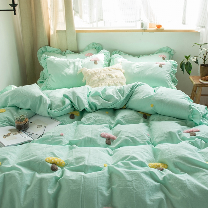 91家纺网 家纺一手货源 找家纺 淑女公社 2020新款毛巾绣四件套 小蘑菇-嫩绿