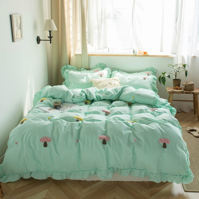 91家纺网 家纺一手货源 找家纺 淑女公社 2020新款毛巾绣四件套 小蘑菇-嫩绿