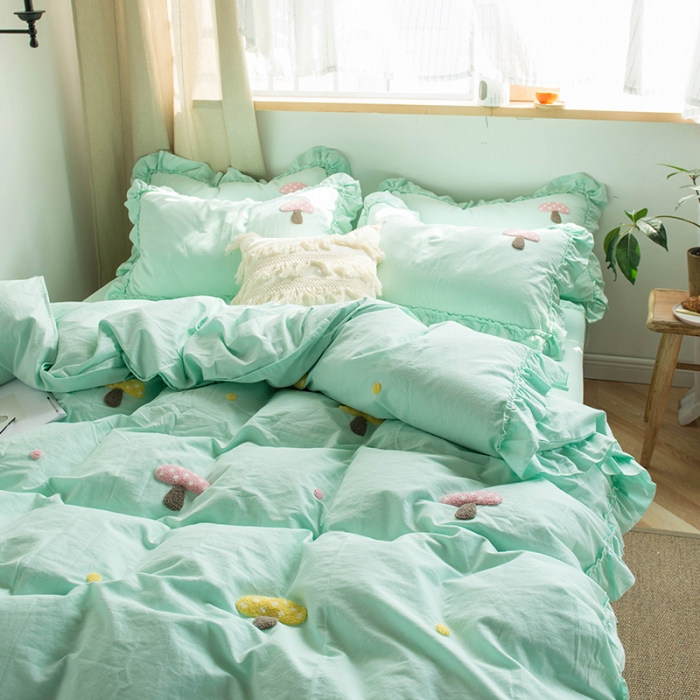 91家纺网 家纺一手货源 找家纺 淑女公社 2020新款毛巾绣四件套 小蘑菇-嫩绿