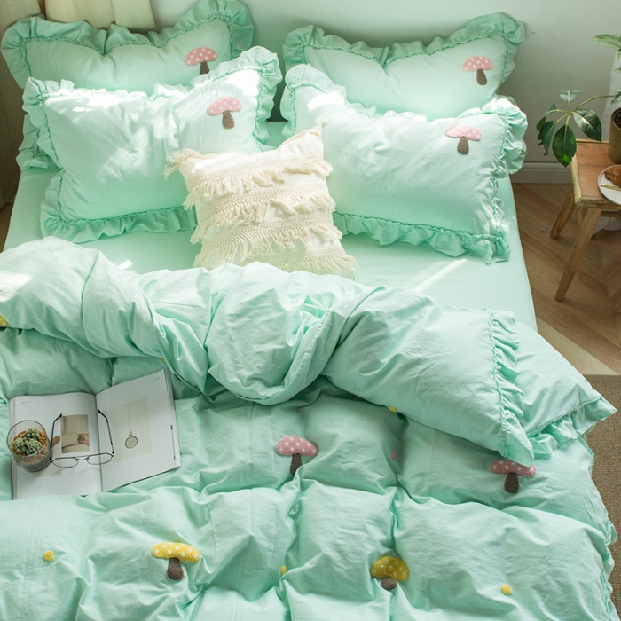 91家纺网 家纺一手货源 找家纺 淑女公社 2020新款毛巾绣四件套 小蘑菇-嫩绿