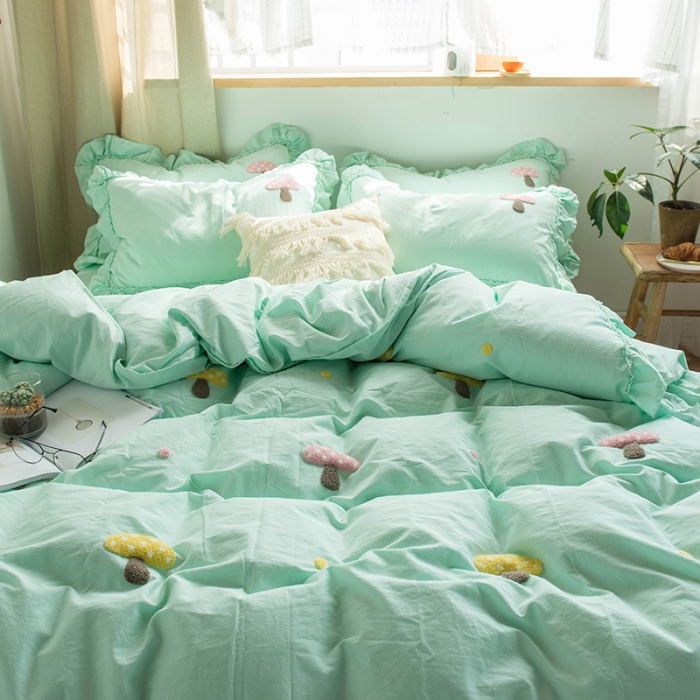 91家纺网 家纺一手货源 找家纺 淑女公社 2020新款毛巾绣四件套 小蘑菇-嫩绿