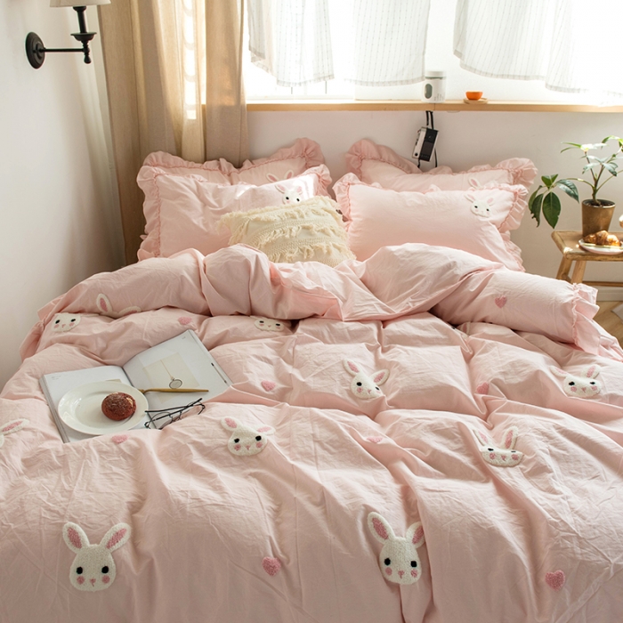 91家纺网 家纺一手货源 找家纺 淑女公社 2020新款毛巾绣四件套 小兔子-淡粉