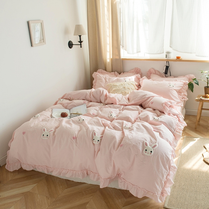 91家纺网 家纺一手货源 找家纺 淑女公社 2020新款毛巾绣四件套 小兔子-淡粉