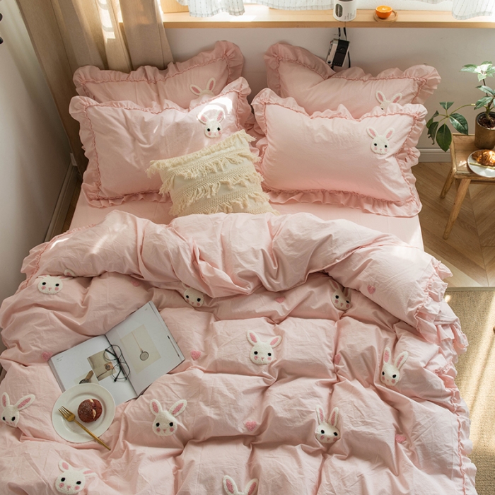 91家纺网 家纺一手货源 找家纺 淑女公社 2020新款毛巾绣四件套 小兔子-淡粉