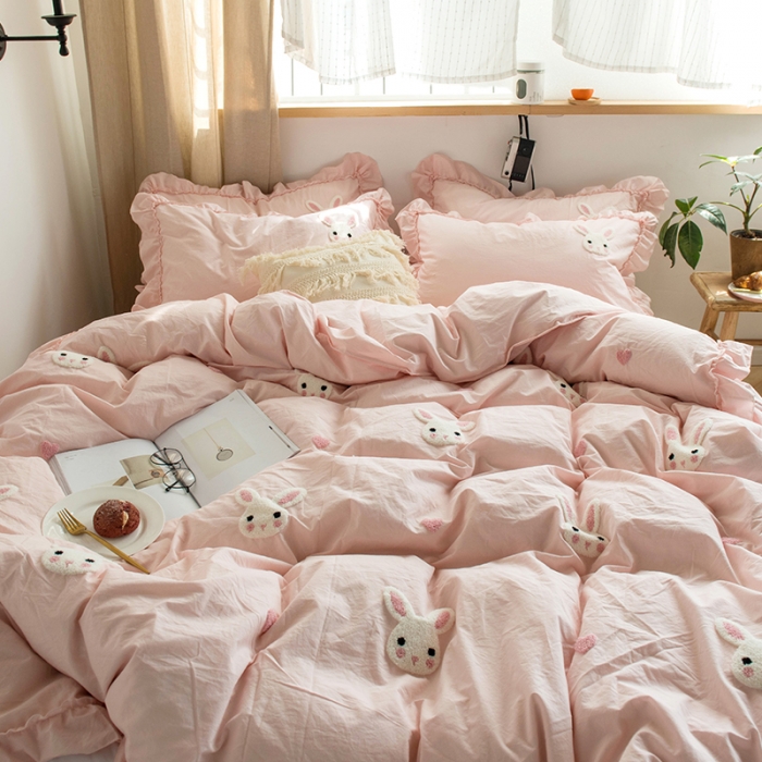 91家纺网 家纺一手货源 找家纺 淑女公社 2020新款毛巾绣四件套 小兔子-淡粉