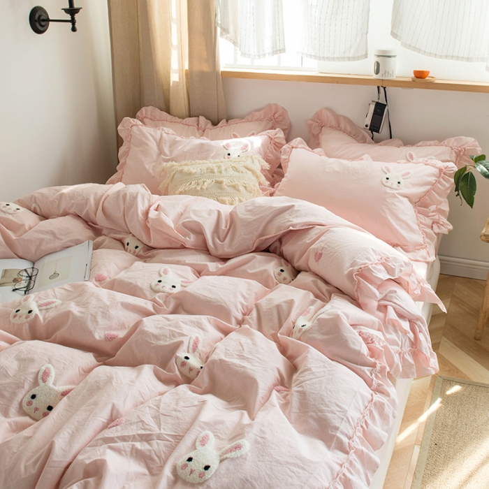 91家纺网 家纺一手货源 找家纺 淑女公社 2020新款毛巾绣四件套 小兔子-淡粉