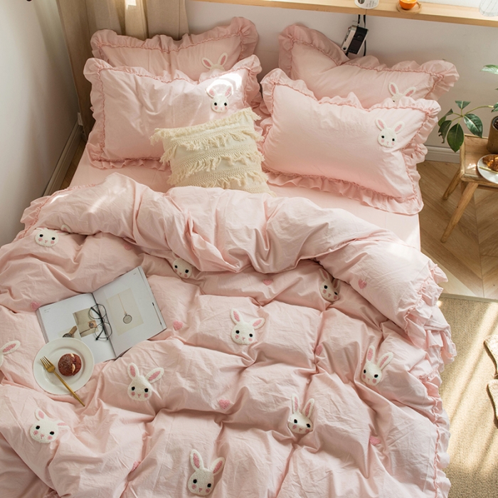 91家纺网 家纺一手货源 找家纺 淑女公社 2020新款毛巾绣四件套 小兔子-淡粉