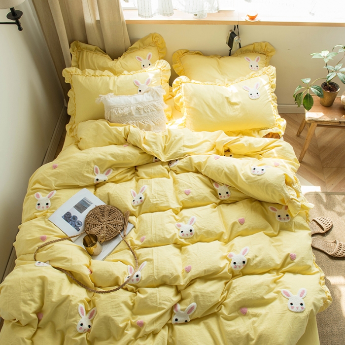 91家纺网 家纺一手货源 找家纺 淑女公社 2020新款毛巾绣四件套 小兔子-嫩黄