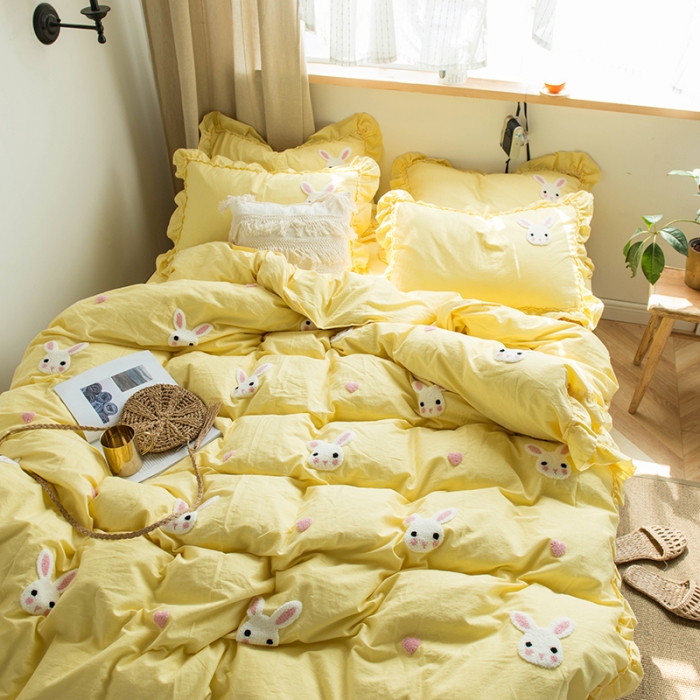 91家纺网 家纺一手货源 找家纺 淑女公社 2020新款毛巾绣四件套 小兔子-嫩黄