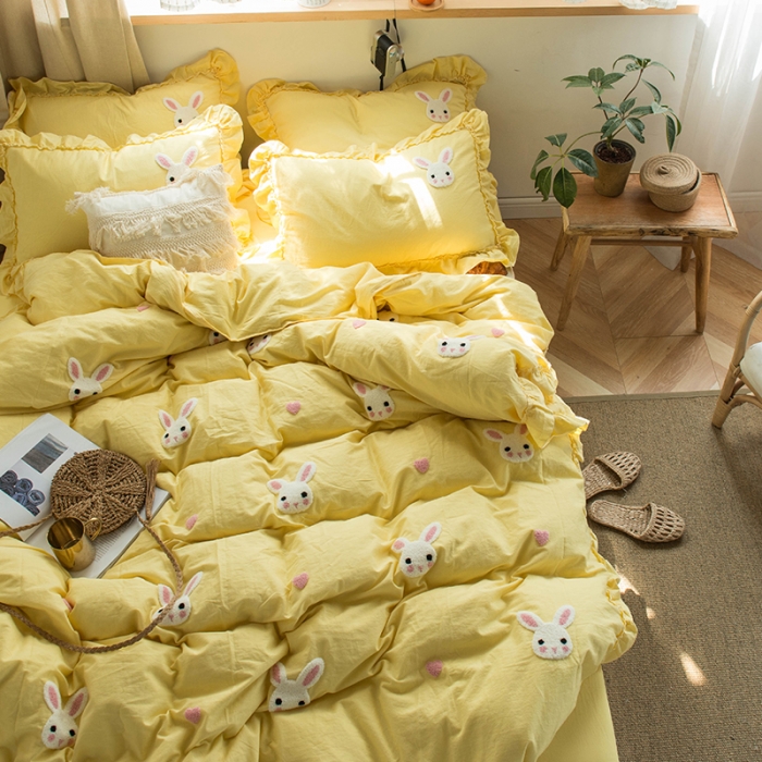 91家纺网 家纺一手货源 找家纺 淑女公社 2020新款毛巾绣四件套 小兔子-嫩黄