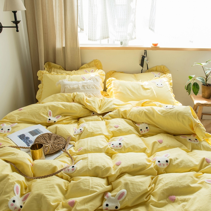 91家纺网 家纺一手货源 找家纺 淑女公社 2020新款毛巾绣四件套 小兔子-嫩黄