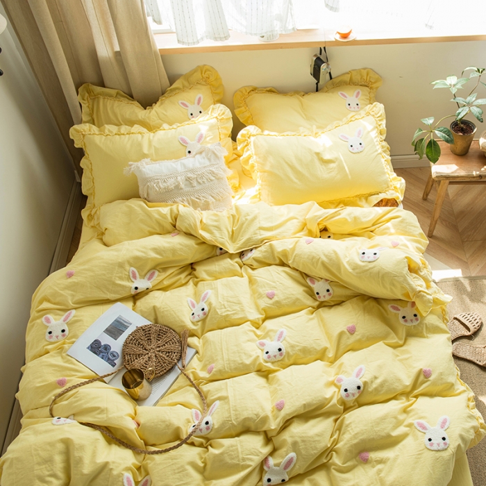 91家纺网 家纺一手货源 找家纺 淑女公社 2020新款毛巾绣四件套 小兔子-嫩黄