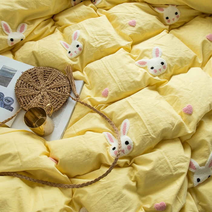 91家纺网 家纺一手货源 找家纺 淑女公社 2020新款毛巾绣四件套 小兔子-嫩黄