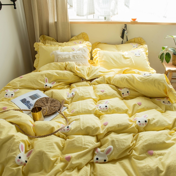 91家纺网 家纺一手货源 找家纺 淑女公社 2020新款毛巾绣四件套 小兔子-嫩黄