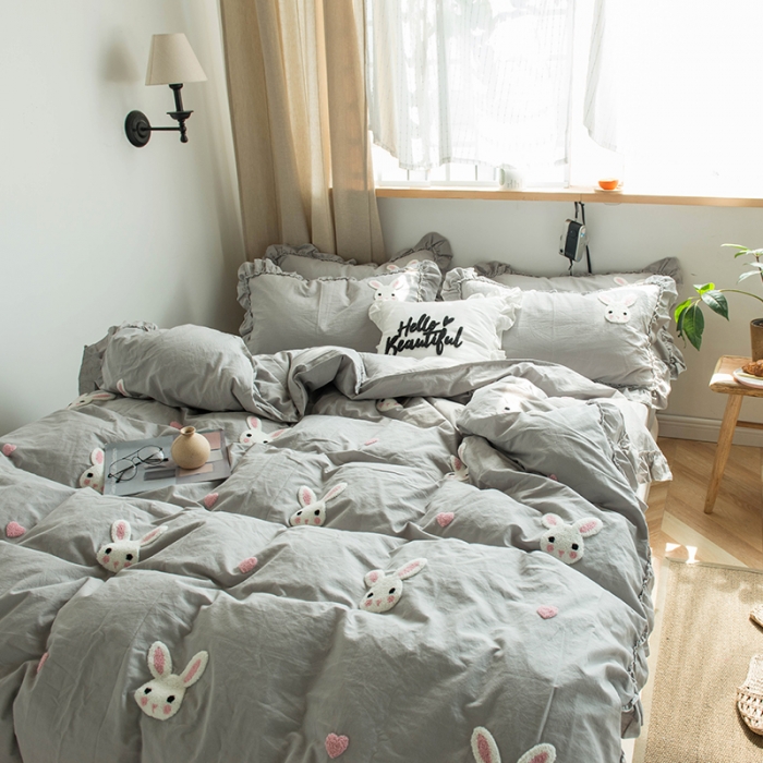 91家纺网 家纺一手货源 找家纺 淑女公社 2020新款毛巾绣四件套 小兔子-浅灰