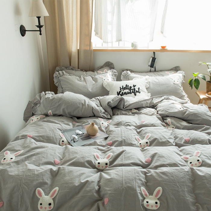 91家纺网 家纺一手货源 找家纺 淑女公社 2020新款毛巾绣四件套 小兔子-浅灰