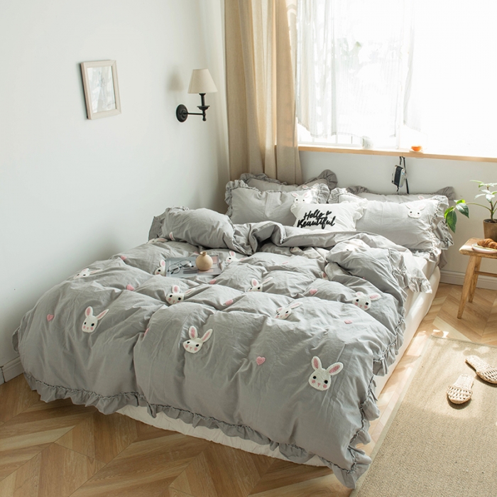 91家纺网 家纺一手货源 找家纺 淑女公社 2020新款毛巾绣四件套 小兔子-浅灰