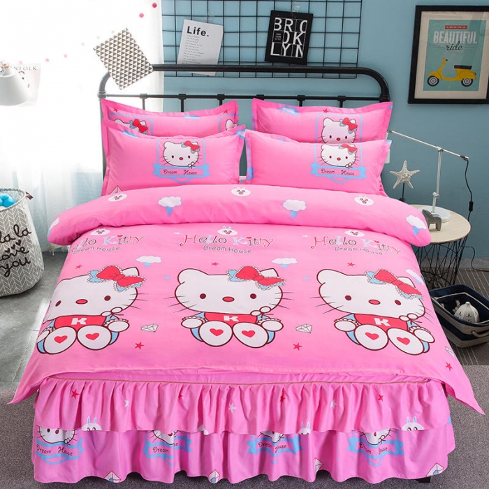 91家纺网 家纺一手货源 找家纺 梦柏 2020新款加厚磨毛四件套小版床裙款 kt猫-粉