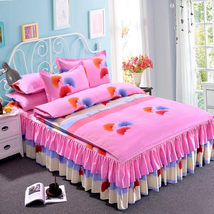 91家纺网 家纺一手货源 找家纺 梦柏 2020新款加厚磨毛四件套小版床裙款 爱的港湾-粉