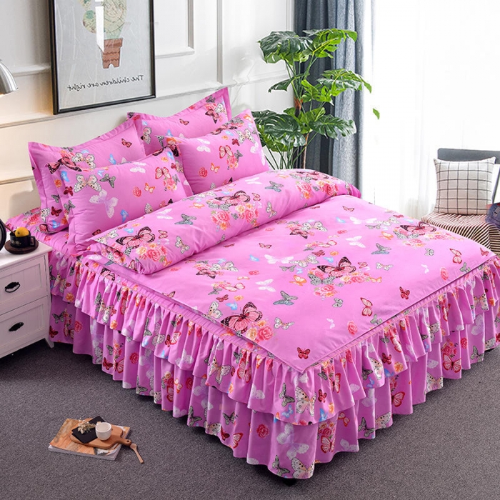 91家纺网 家纺一手货源 找家纺 梦柏 2020新款加厚磨毛四件套小版床裙款 彩蝶飞舞