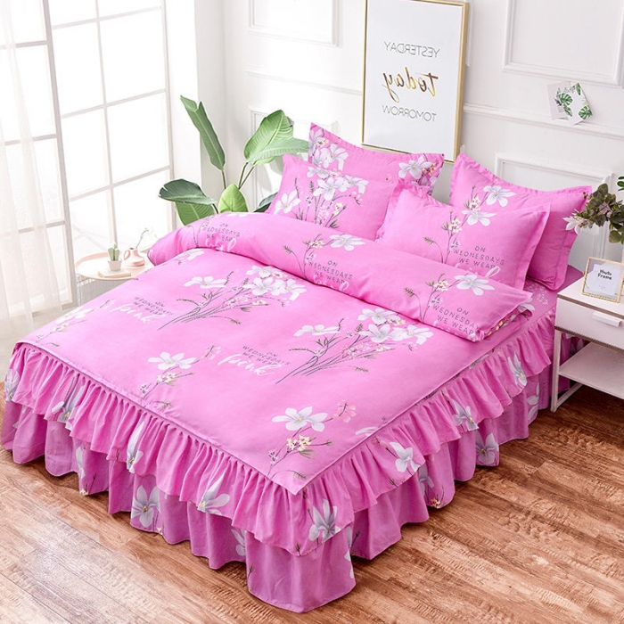 91家纺网 家纺一手货源 找家纺 梦柏 2020新款加厚磨毛四件套小版床裙款 春风里（粉）