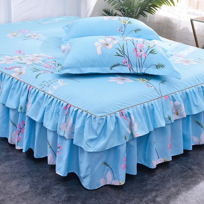 91家纺网 家纺一手货源 找家纺 梦柏 2020新款加厚磨毛四件套小版床裙款 春风里（蓝）