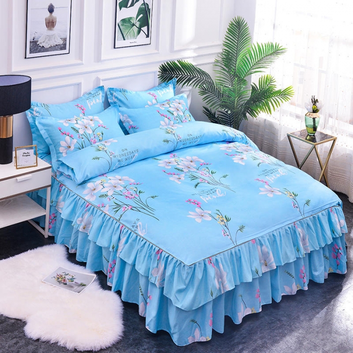 91家纺网 家纺一手货源 找家纺 梦柏 2020新款加厚磨毛四件套小版床裙款 春风里（蓝）