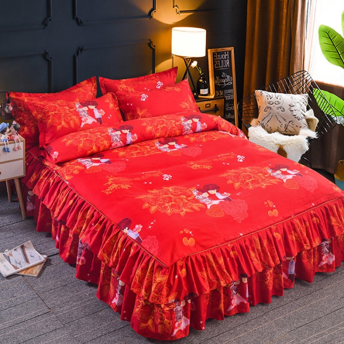 91家纺网 家纺一手货源 找家纺 梦柏 2020新款加厚磨毛四件套小版床裙款 玫瑰恋人