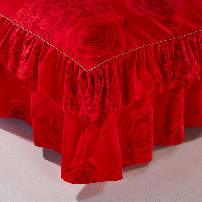 91家纺网 家纺一手货源 找家纺 梦柏 2020新款加厚磨毛四件套小版床裙款 浓情玫瑰-红