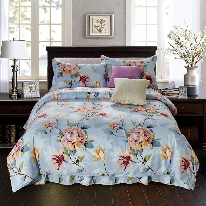 91家纺网 家纺一手货源 找家纺 梦柏 2020新款加厚磨毛四件套小版床裙款夏花红屿