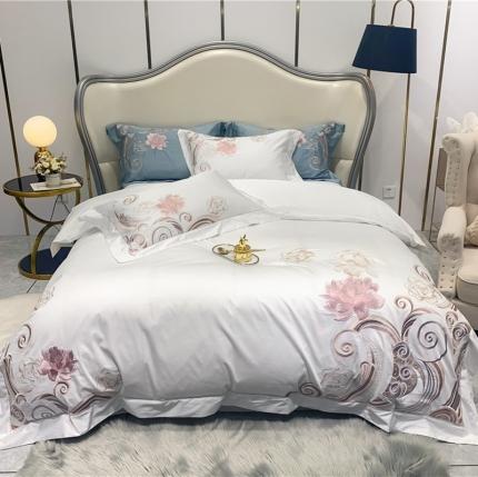 91家纺网 家纺一手货源 找家纺 星尚 2020新款100S长绒棉四件套 雾里看花-柳絮白