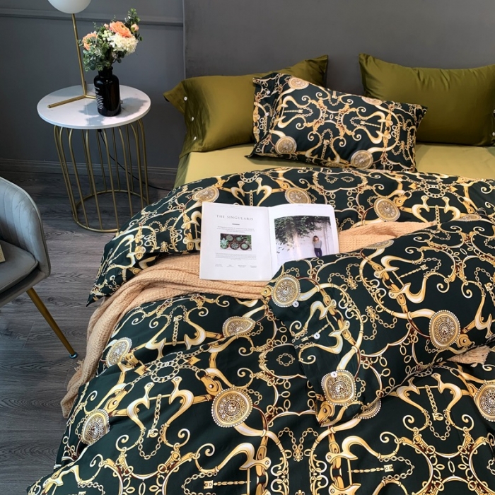 91家纺网 家纺一手货源 找家纺 优然居 2020新款60S长绒棉活性印花四件套 温格拉墨绿