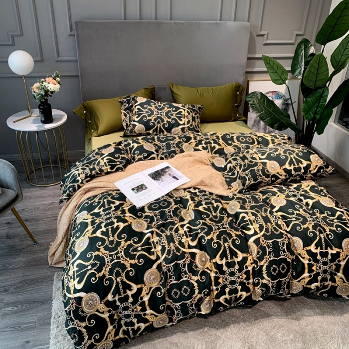 91家纺网 家纺一手货源 找家纺 优然居 2020新款60S长绒棉活性印花四件套 温格拉墨绿