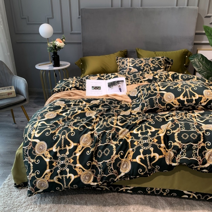 91家纺网 家纺一手货源 找家纺 优然居 2020新款60S长绒棉活性印花四件套 温格拉墨绿