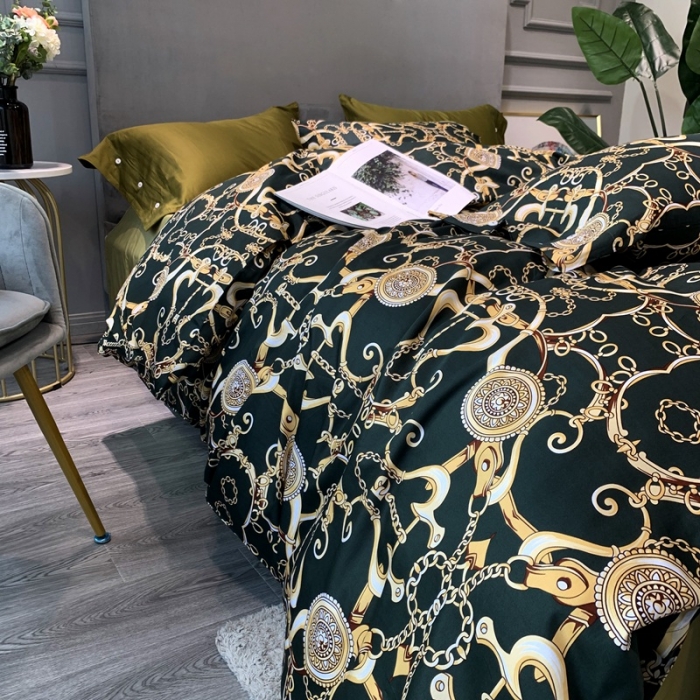 91家纺网 家纺一手货源 找家纺 优然居 2020新款60S长绒棉活性印花四件套 温格拉墨绿