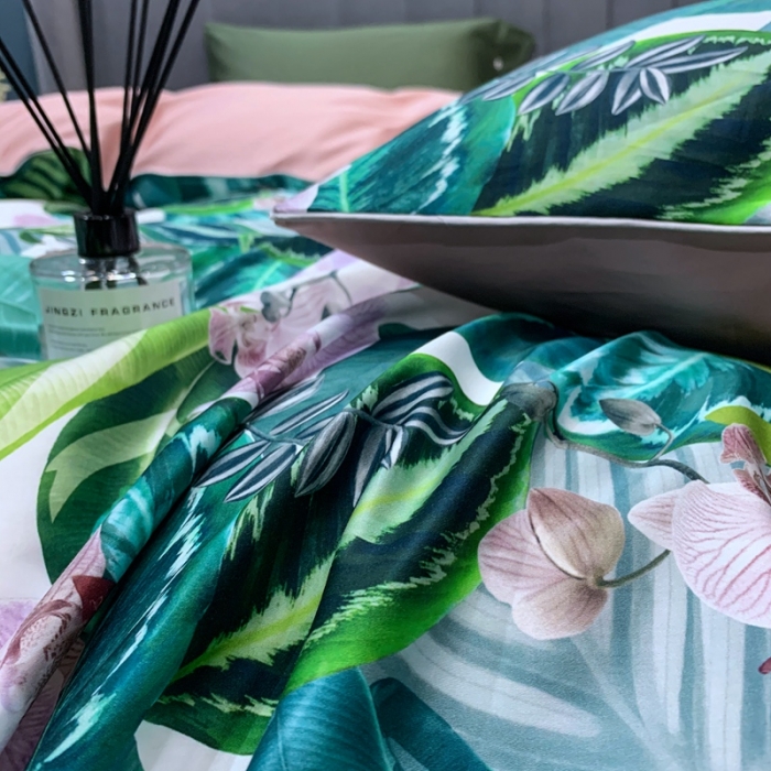 91家纺网 家纺一手货源 找家纺 优然居2020新款60S长绒棉贡缎数码印花嵌绳四件套花漾物语