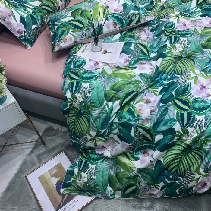 91家纺网 家纺一手货源 找家纺 优然居2020新款60S长绒棉贡缎数码印花嵌绳四件套花漾物语