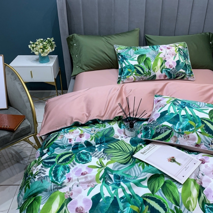 91家纺网 家纺一手货源 找家纺 优然居2020新款60S长绒棉贡缎数码印花嵌绳四件套花漾物语