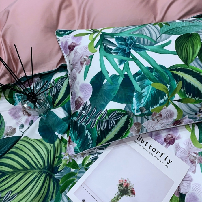 91家纺网 家纺一手货源 找家纺 优然居2020新款60S长绒棉贡缎数码印花嵌绳四件套花漾物语