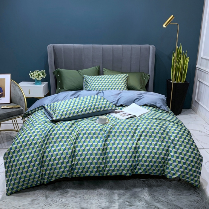 91家纺网 家纺一手货源 找家纺 优然居2020新款60S长绒棉贡缎数码印花嵌绳四件套律动时光