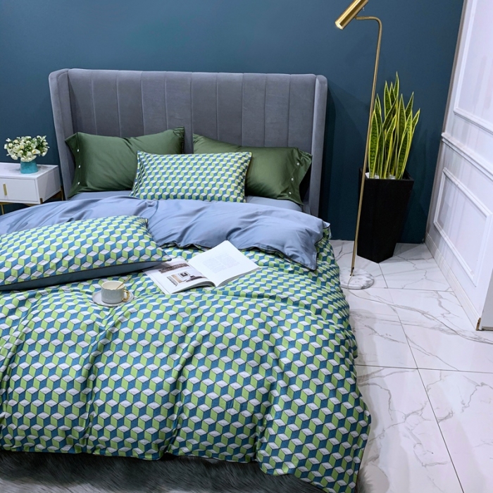 91家纺网 家纺一手货源 找家纺 优然居2020新款60S长绒棉贡缎数码印花嵌绳四件套律动时光