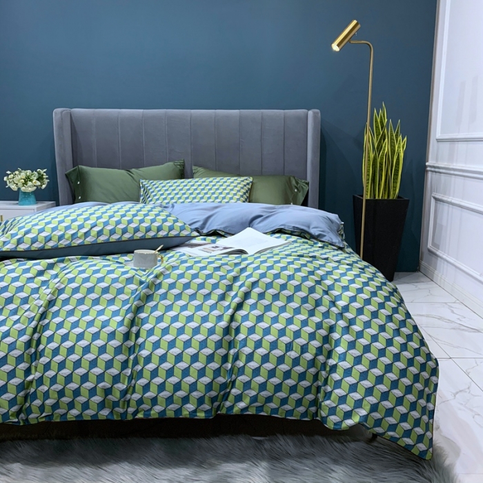 91家纺网 家纺一手货源 找家纺 优然居2020新款60S长绒棉贡缎数码印花嵌绳四件套律动时光