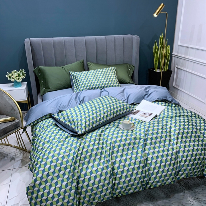 91家纺网 家纺一手货源 找家纺 优然居2020新款60S长绒棉贡缎数码印花嵌绳四件套律动时光