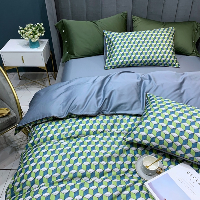 91家纺网 家纺一手货源 找家纺 优然居2020新款60S长绒棉贡缎数码印花嵌绳四件套律动时光