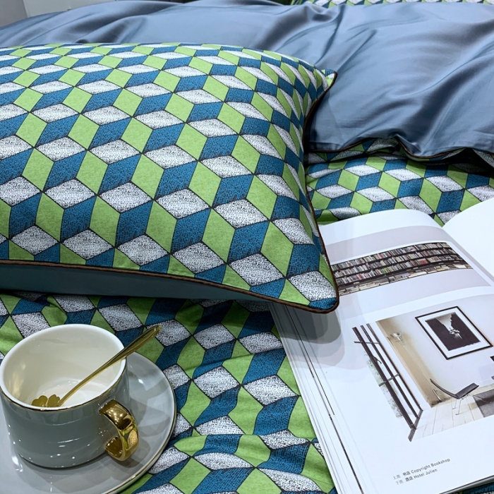 91家纺网 家纺一手货源 找家纺 优然居2020新款60S长绒棉贡缎数码印花嵌绳四件套律动时光