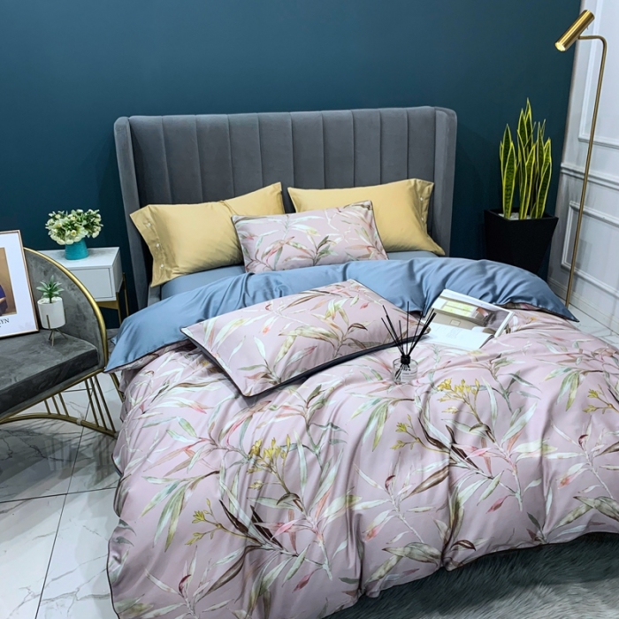 91家纺网 家纺一手货源 找家纺 优然居2020新款60S长绒棉贡缎数码印花嵌绳四件套漫叶迷莎