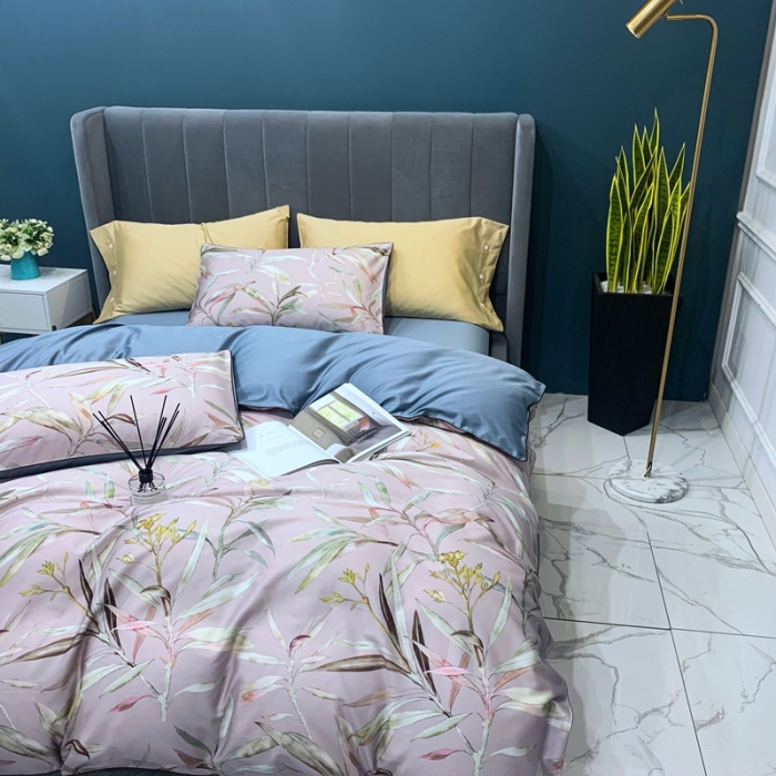 91家纺网 家纺一手货源 找家纺 优然居2020新款60S长绒棉贡缎数码印花嵌绳四件套漫叶迷莎