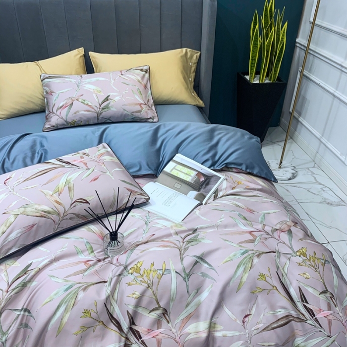 91家纺网 家纺一手货源 找家纺 优然居2020新款60S长绒棉贡缎数码印花嵌绳四件套漫叶迷莎