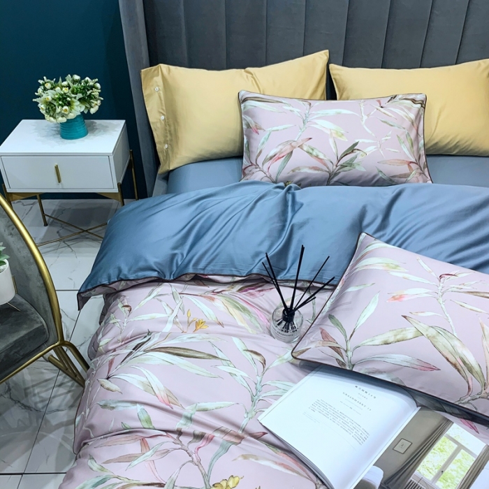 91家纺网 家纺一手货源 找家纺 优然居2020新款60S长绒棉贡缎数码印花嵌绳四件套漫叶迷莎